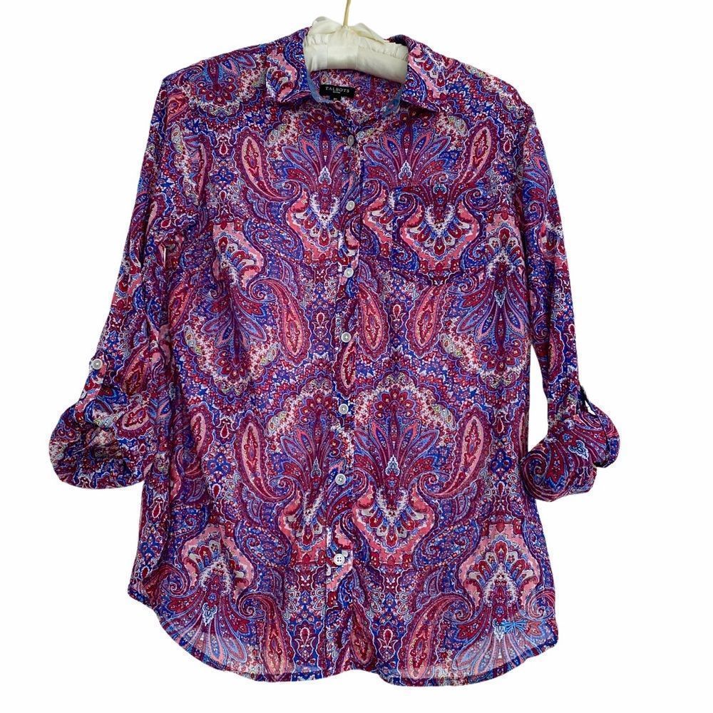 Talbots Paisley Red White Blue Cotton Blouse 8P